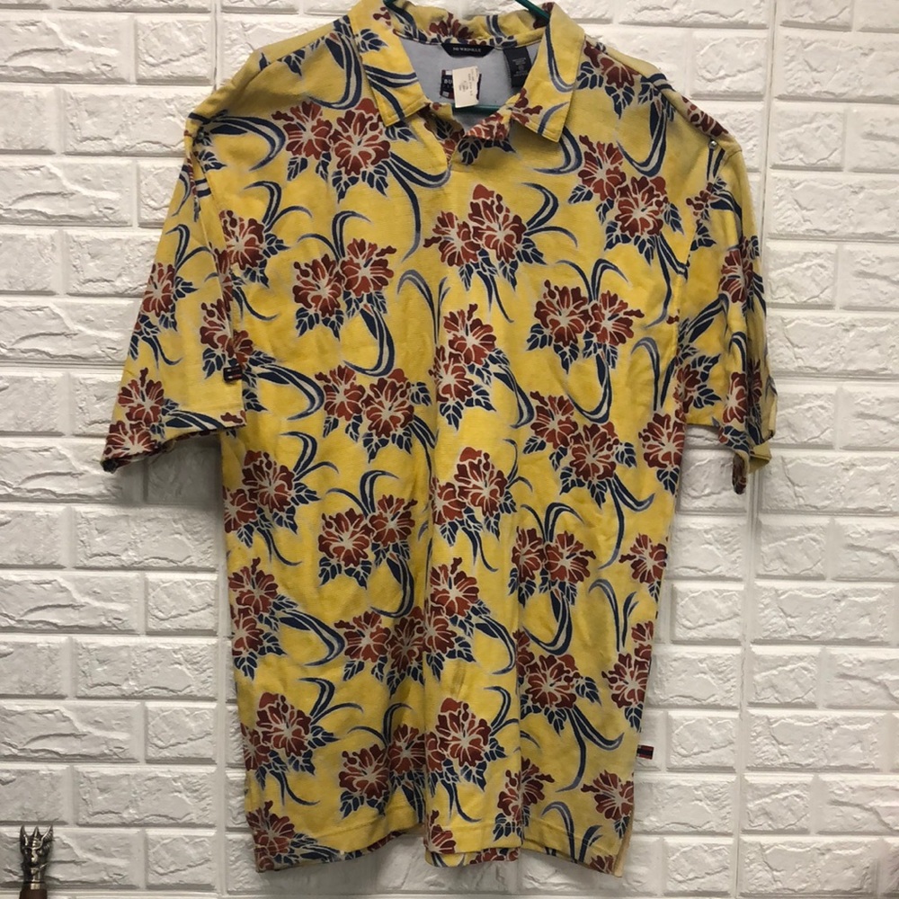 Vtg Bugle Boy no wrinkle Hawaiian‎ hibiscus polo 100% cotton old stock with tag